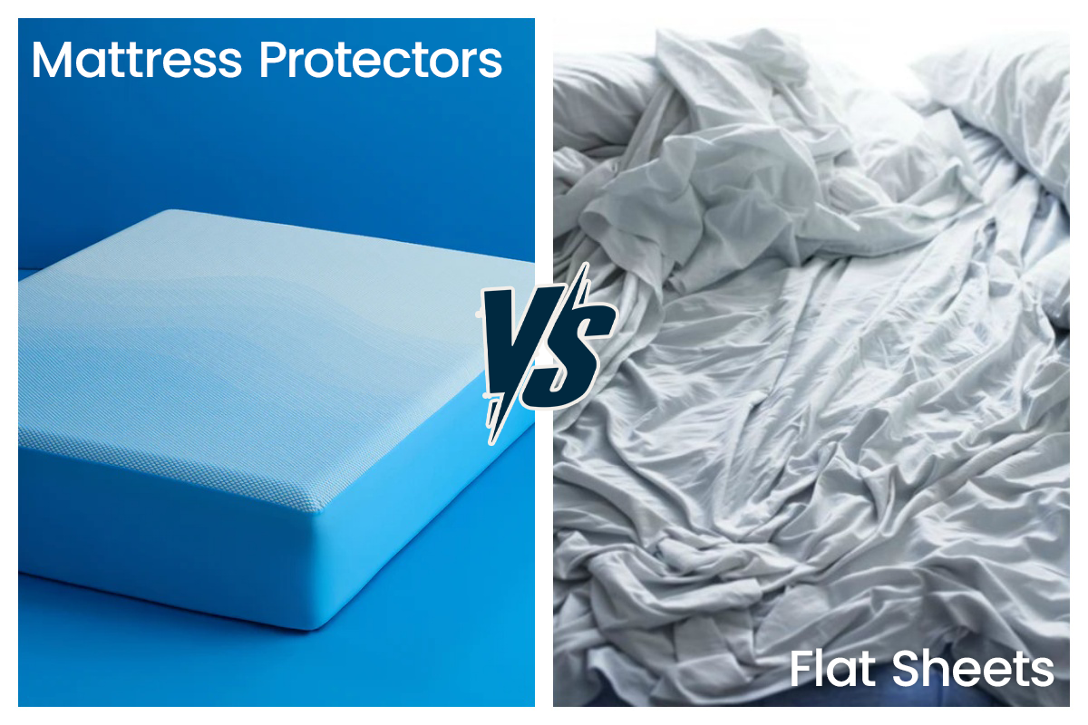 Comparison of a blue Nenebay Mattress Protector encasing a mattress, posed next to crumpled white flat sheets, indicated by "VS" graphic.